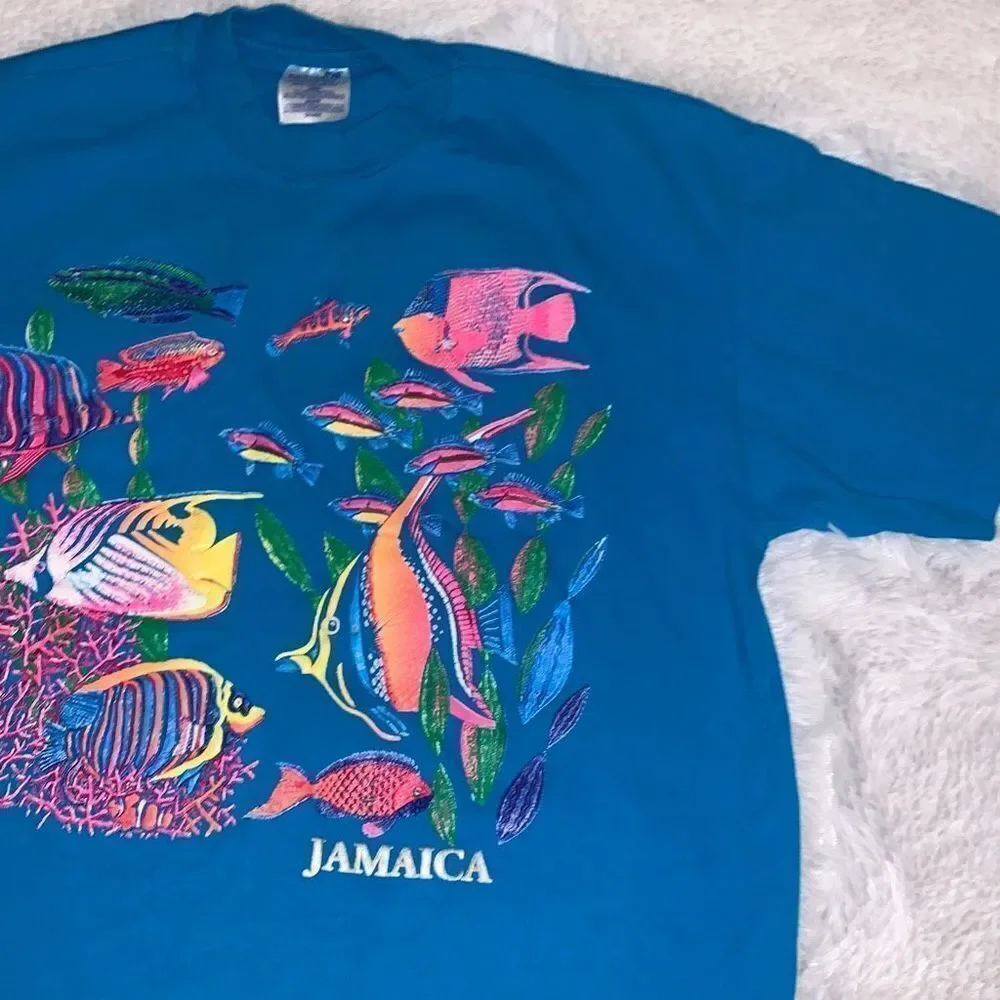 Vintage Hanes Beefy-T Blue Graphic‎ Jamaica Single Stitch T-Shirt Large